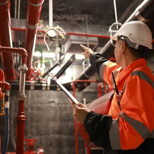 Fire engineer carrying out Passive Fire Protection Technical Assessments and reviewing the safety of a fire extinguishing system